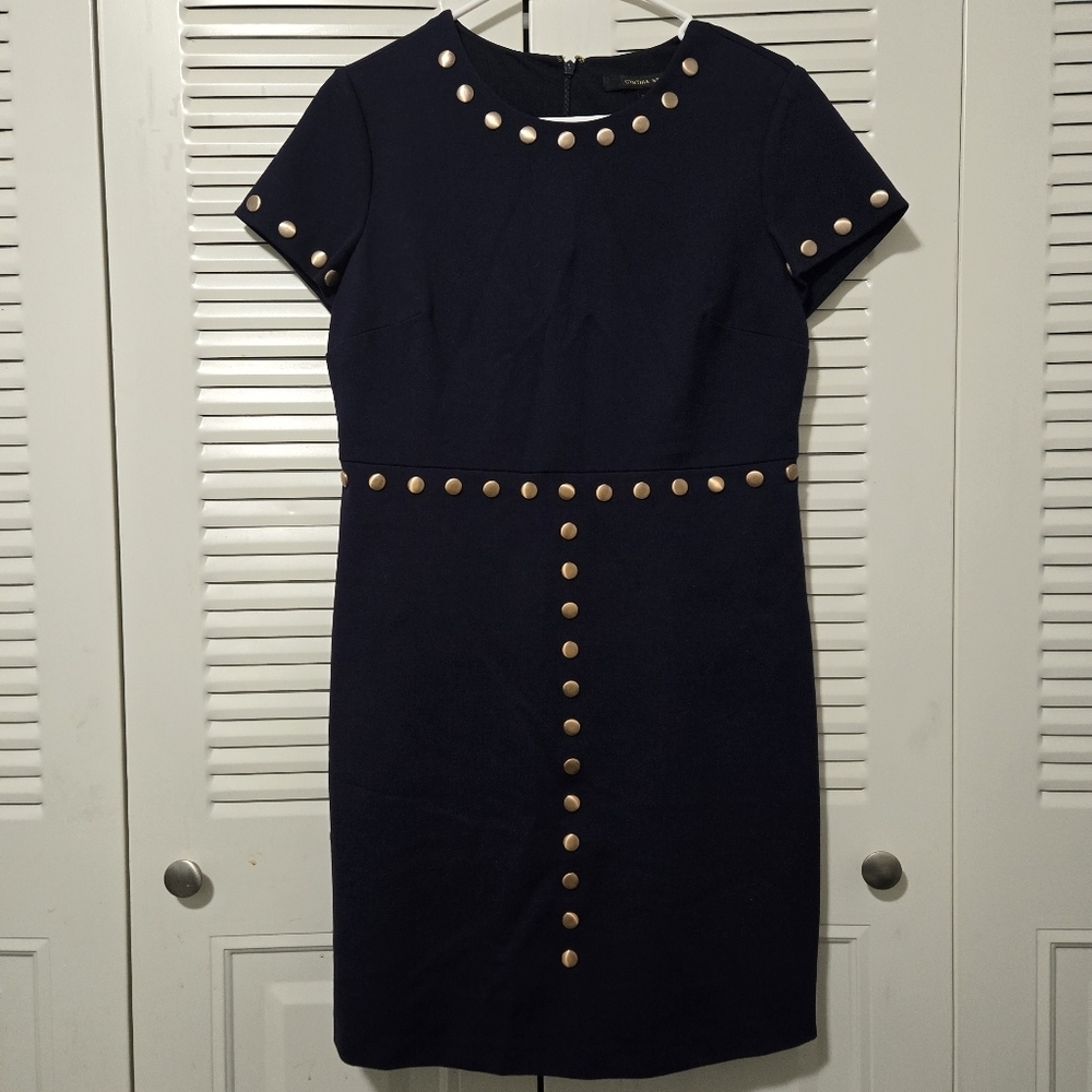 Cynthia Steffe Navy Blue Dress Copper Button Accent Size 8
